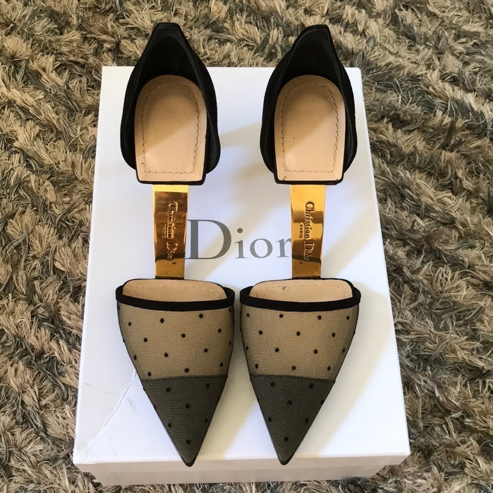 Christian Dior D-Vision Pump Heels Black Polka Dot Mesh Suede Gold Hardware 36 - Picture 2 of 11